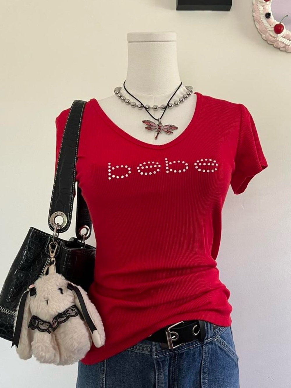bebe Red Rhinestone Logo Ribbed Short Sleeve Tee